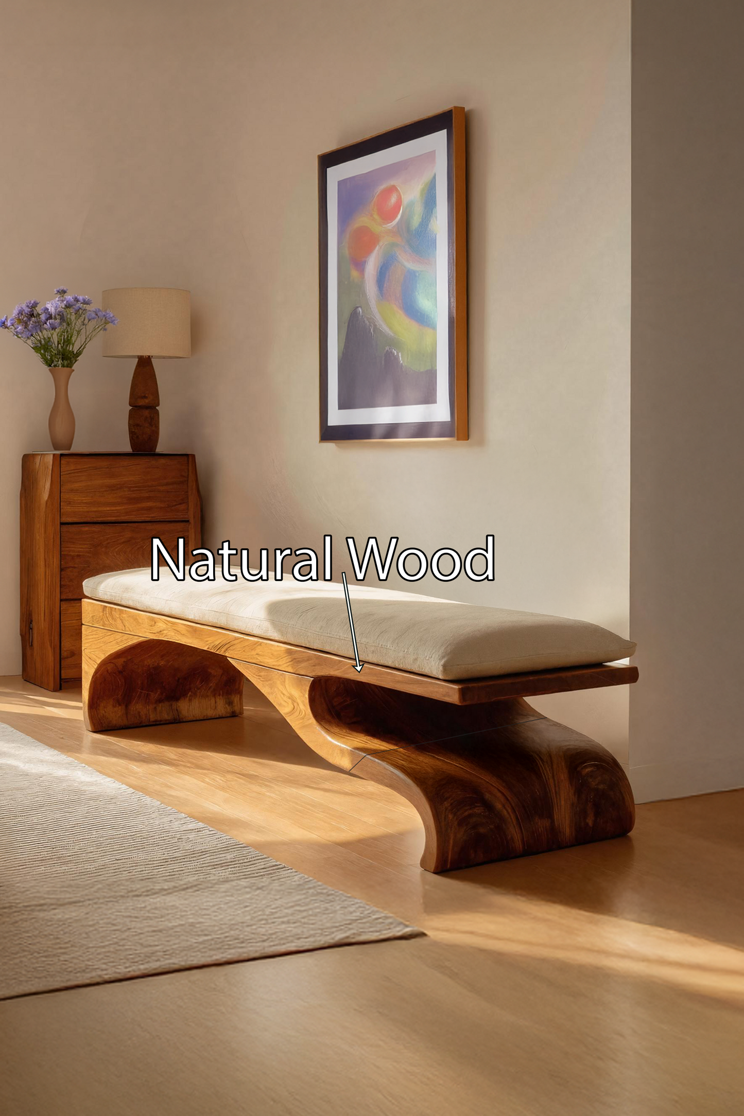 Modern Sculptural Wooden Bench For Bedroom Decor