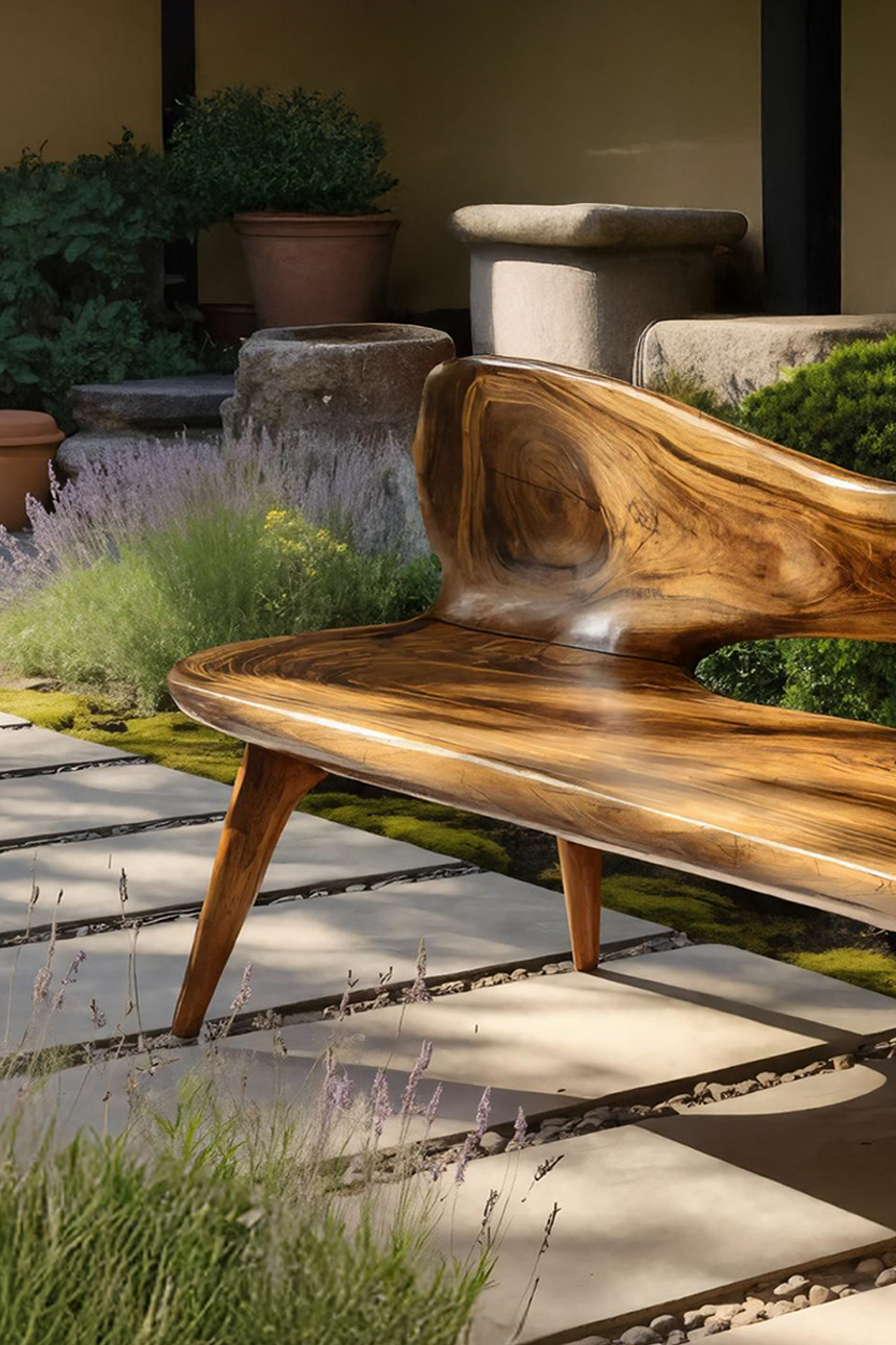 Mid Century Artistic Wooden Bench For Patio Setup