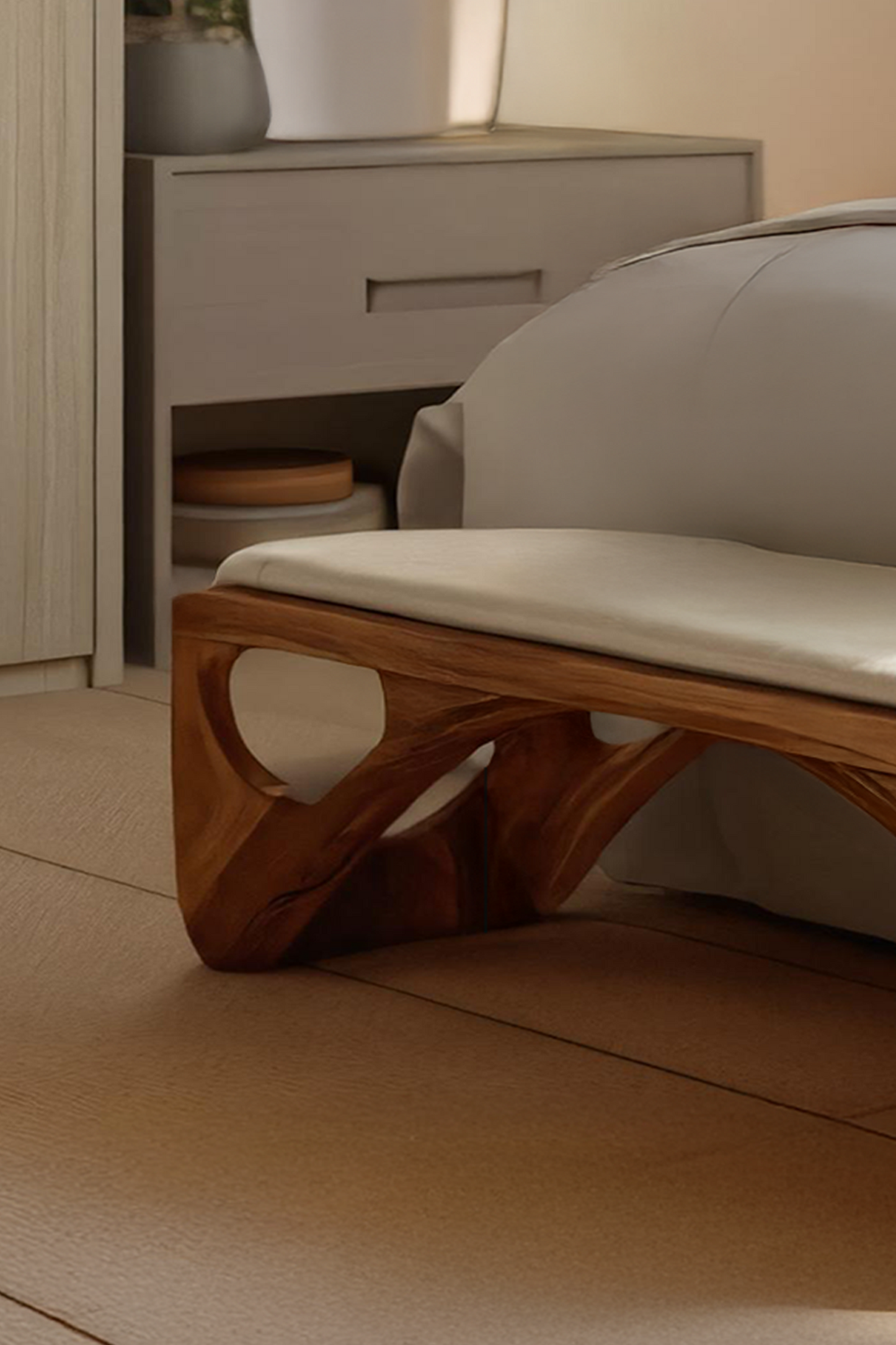 Minimalist Curved Wood Bench For End-of-Bed Design