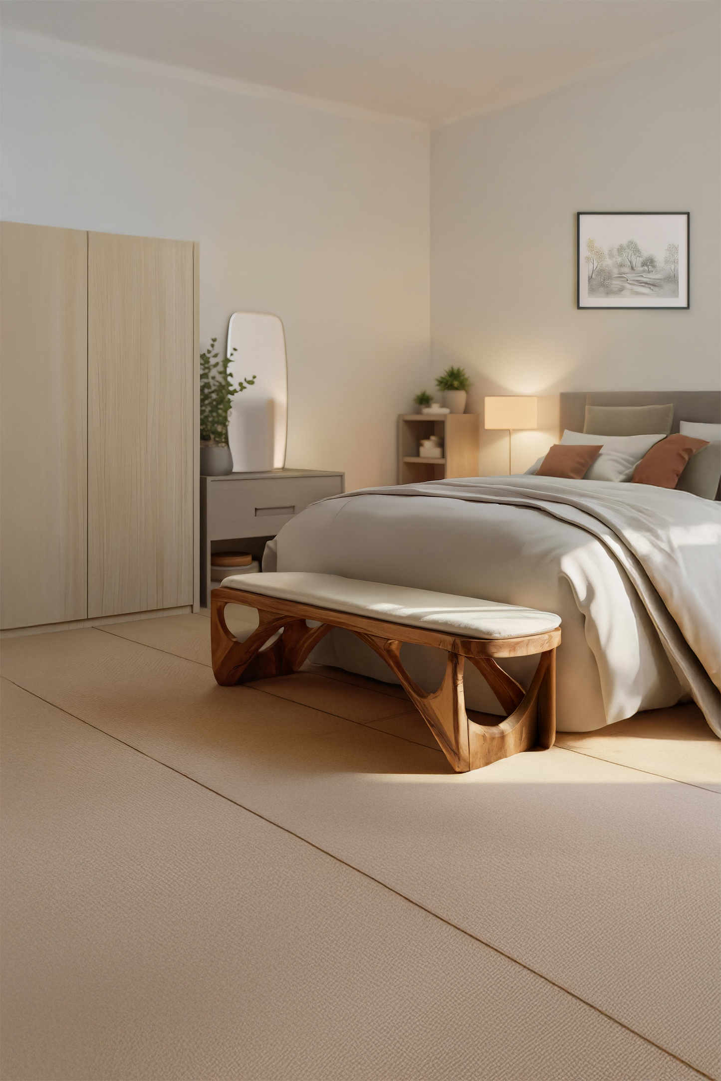 Minimalist Curved Wood Bench For End-of-Bed Design