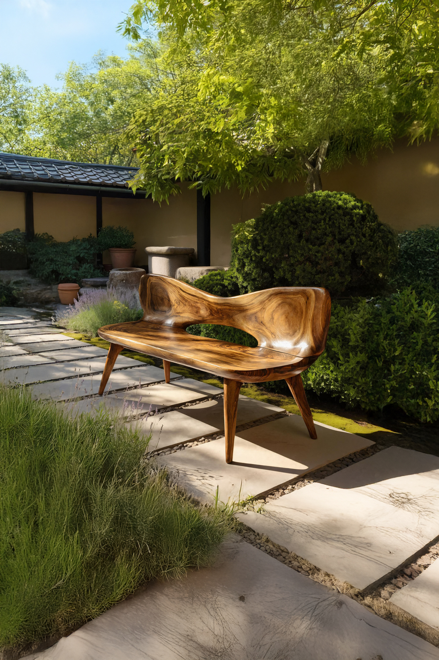Mid Century Artistic Wooden Bench For Patio Setup