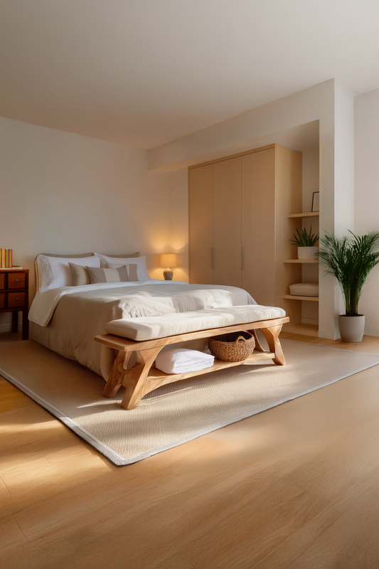Modern Sculpted Wood Bench For Bedroom Interior Styling