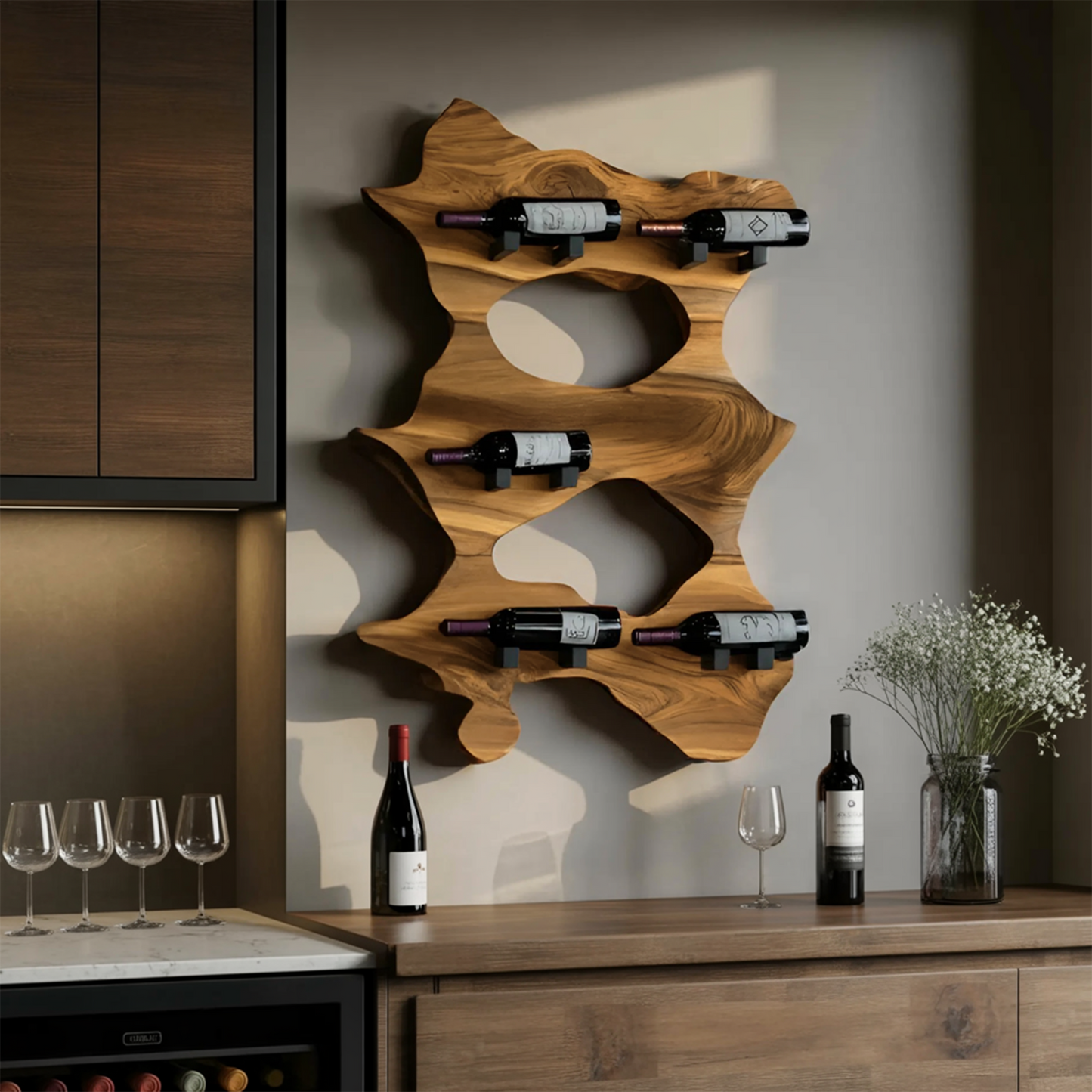 Rustic Solid Wood Live Edge Wine Rack For Entryway