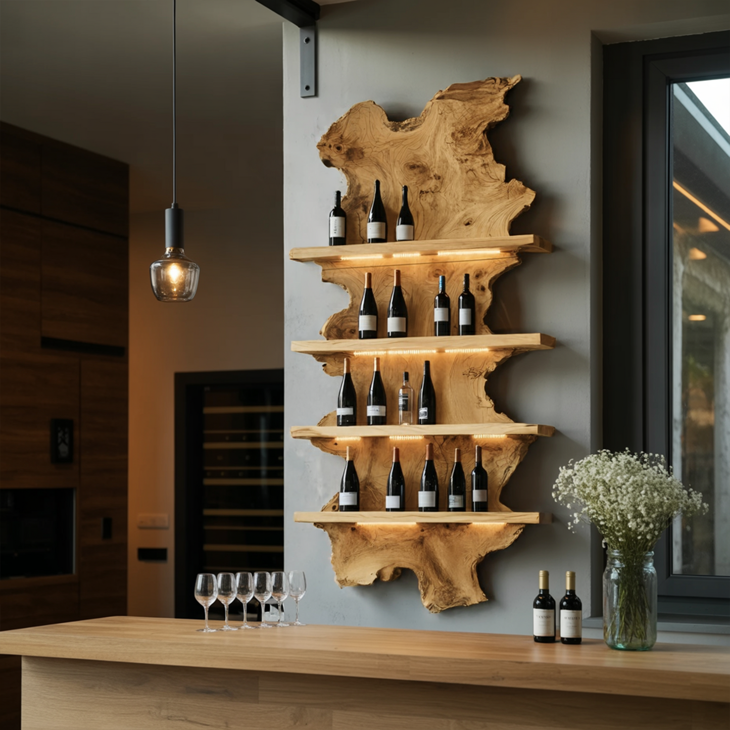 Mid Century Live Edge Wine Holder For Bar Decor And Home Art