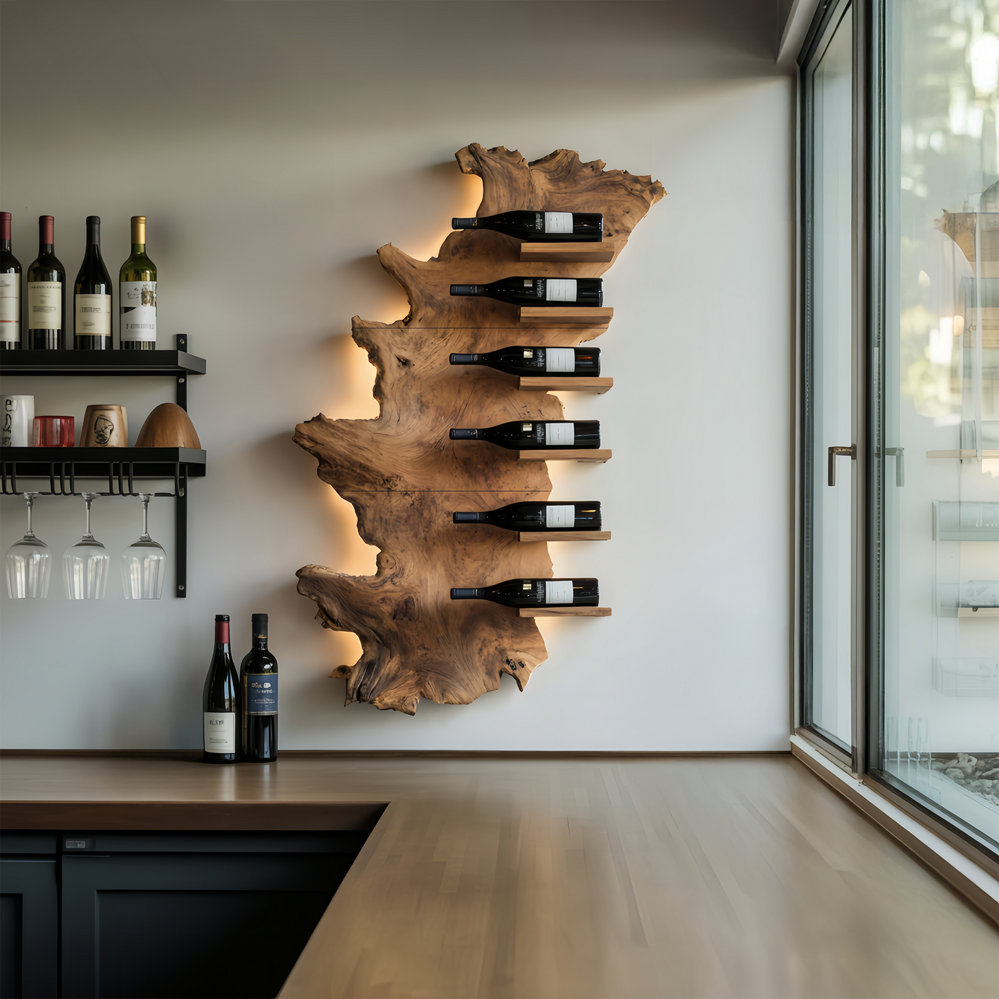 Handcrafted Wooden Live Edge Wine Holder For Bar Display Art
