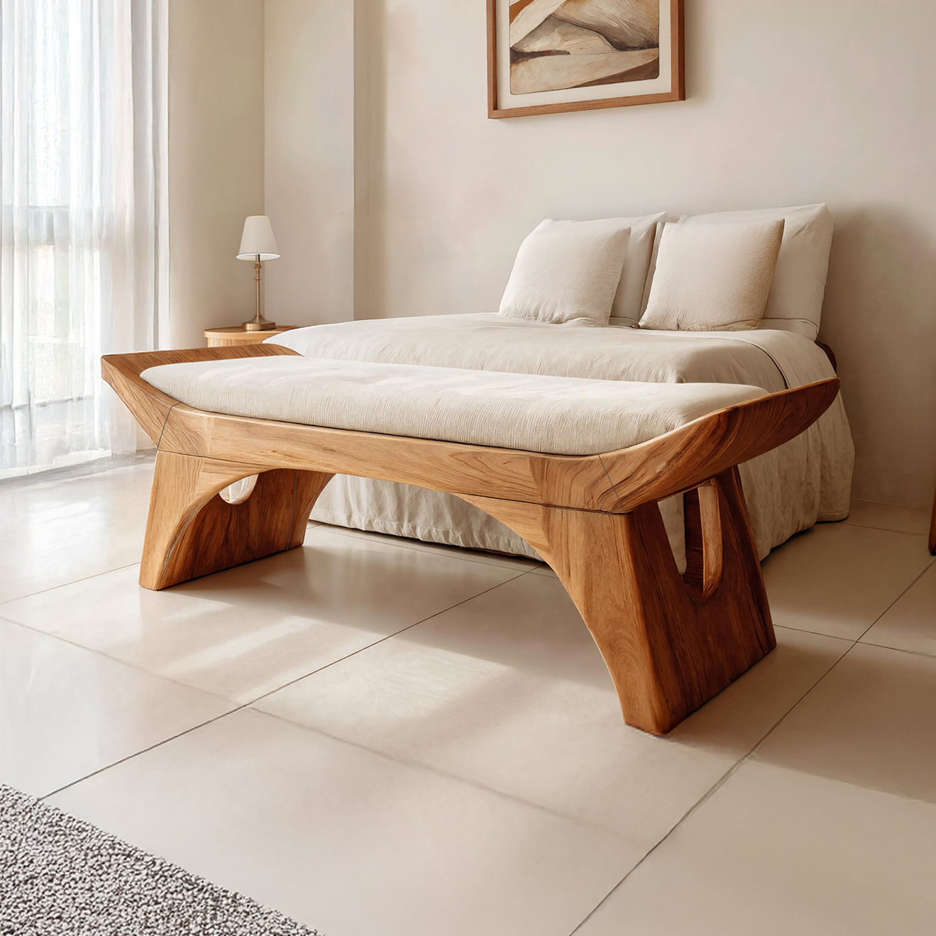 Farmhouse Wooden Bench With Shelf For Bedroom Setup