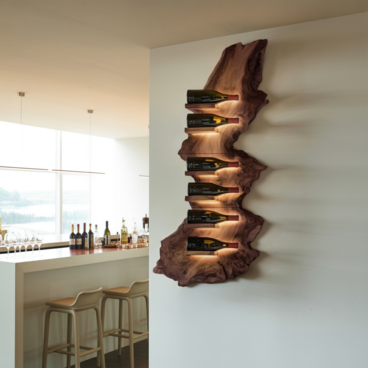 Mid Century Live Edge Wine Holder For Bar Decor Wine Shelf