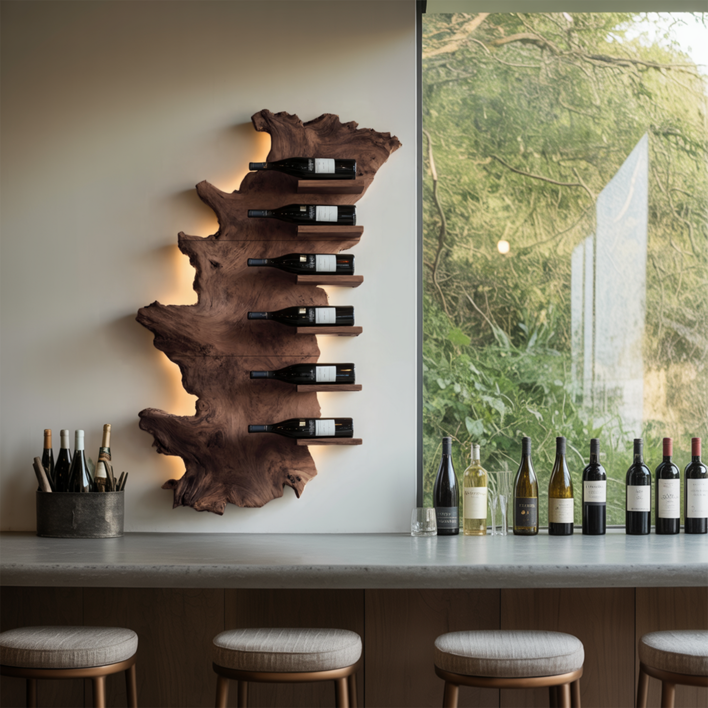 Handcrafted Wooden Live Edge Wine Holder For Bar Display Art